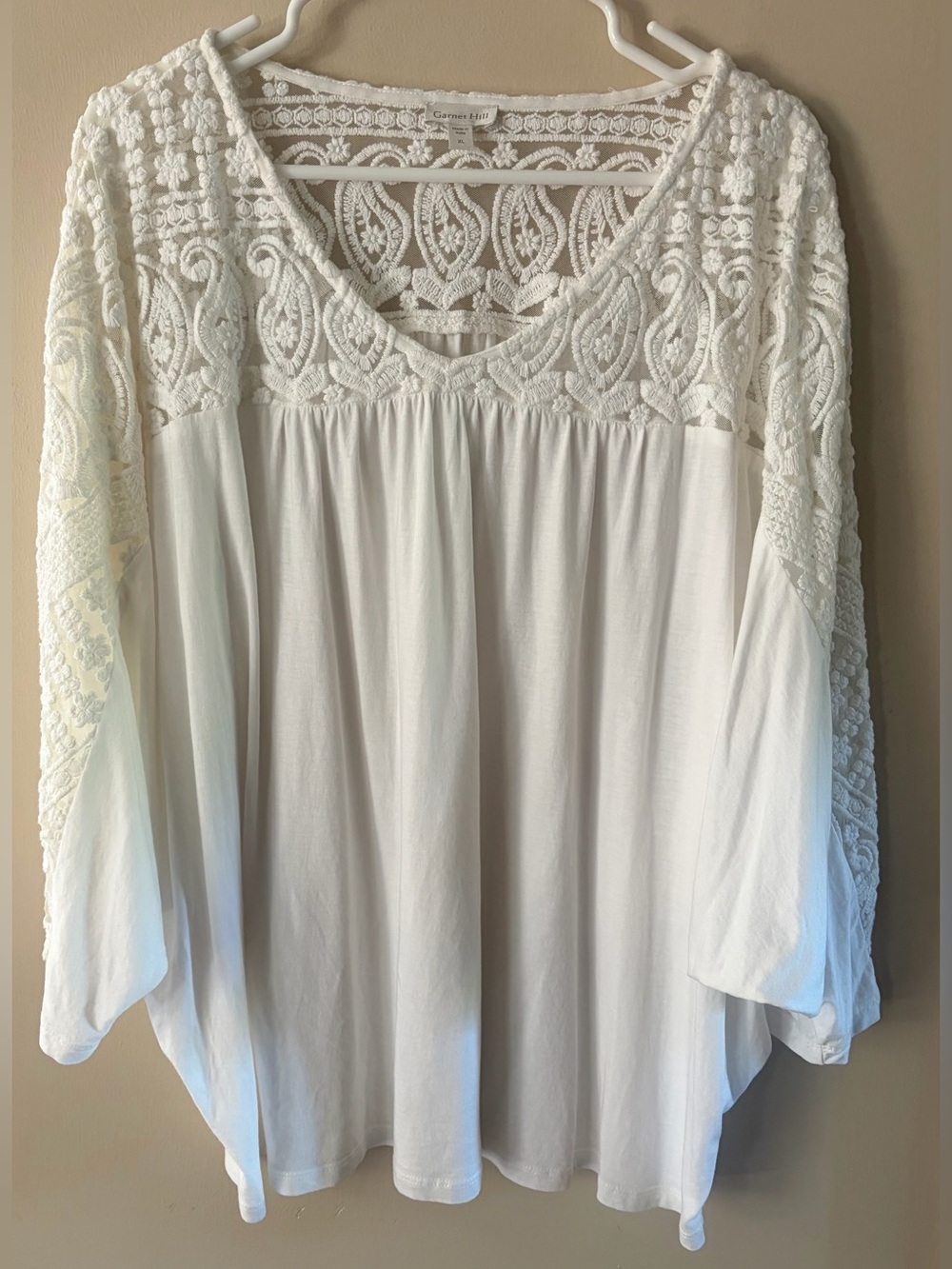 Garnet Hill Paisley Lace Embroidered Neckline Size XL Ivory Dolman Sleeves
